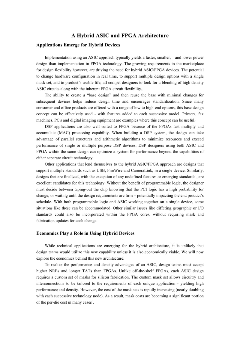 ASIC和FPGA架构的混合 电信专业英语论文.doc_第1页