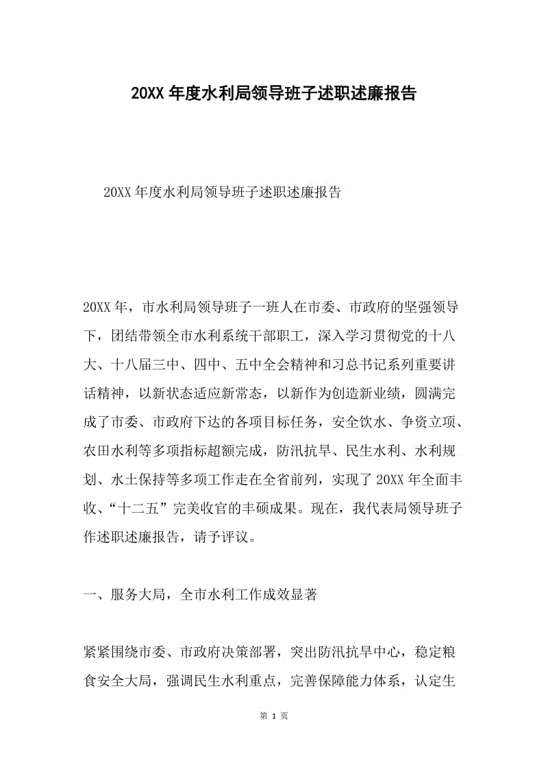 20XX年度水利局领导班子述职述廉报告.docx