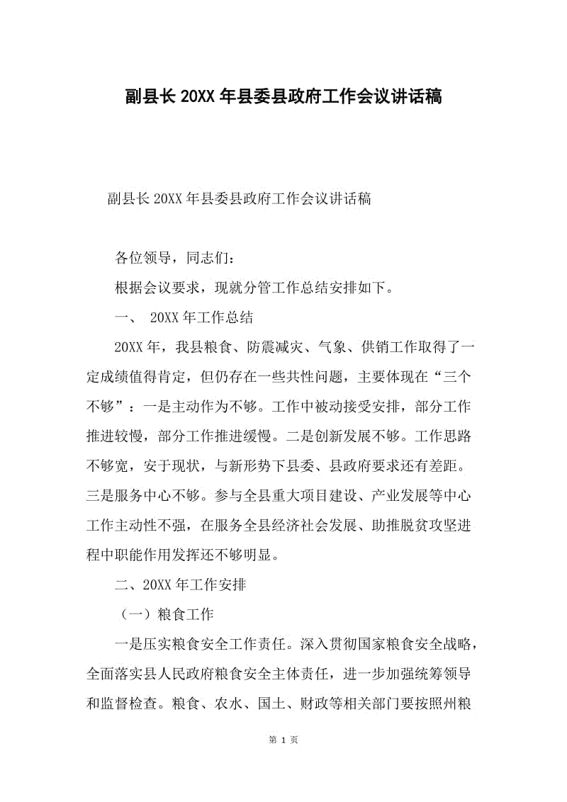 副县长20XX年县委县政府工作会议讲话稿.docx