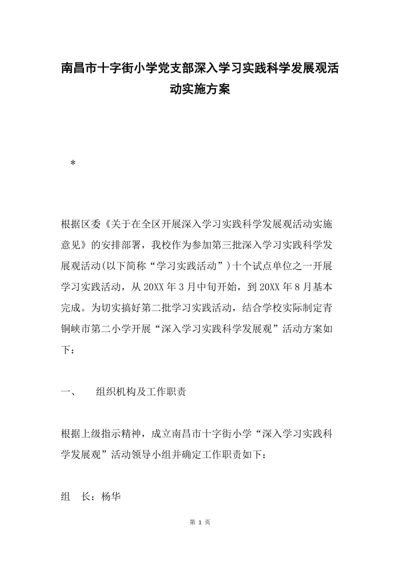 南昌市十字街小学党支部深入学习实践科学发展观活动实施方案.docx_第1页