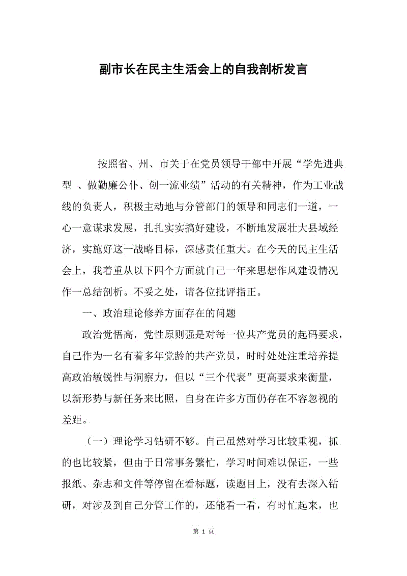 副市长在民主生活会上的自我剖析发言.docx