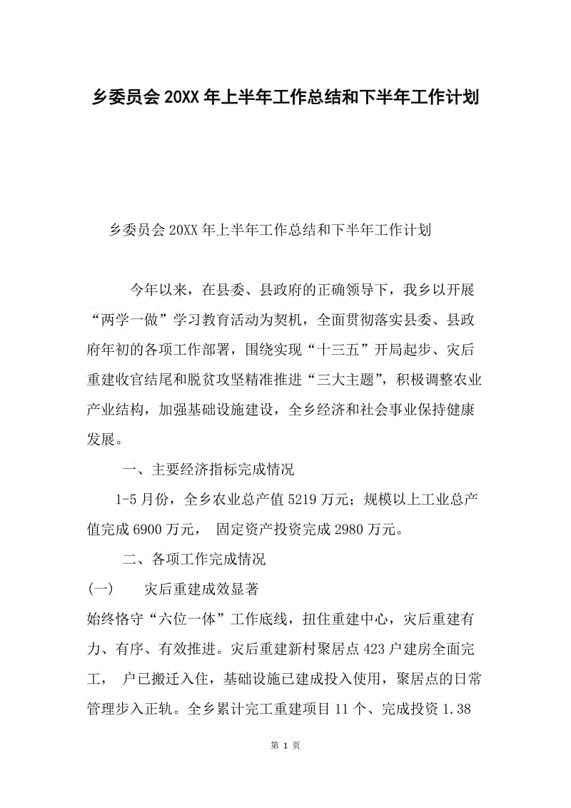 乡委员会20XX年上半年工作总结和下半年工作计划.docx