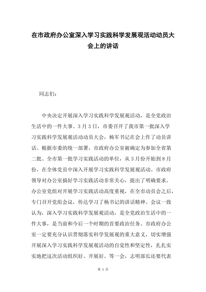 在市政府办公室深入学习实践科学发展观活动动员大会上的讲话.docx_第1页