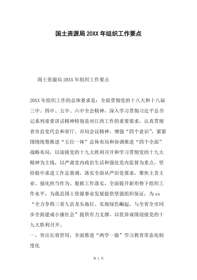 国土资源局20XX年组织工作要点.docx_第1页