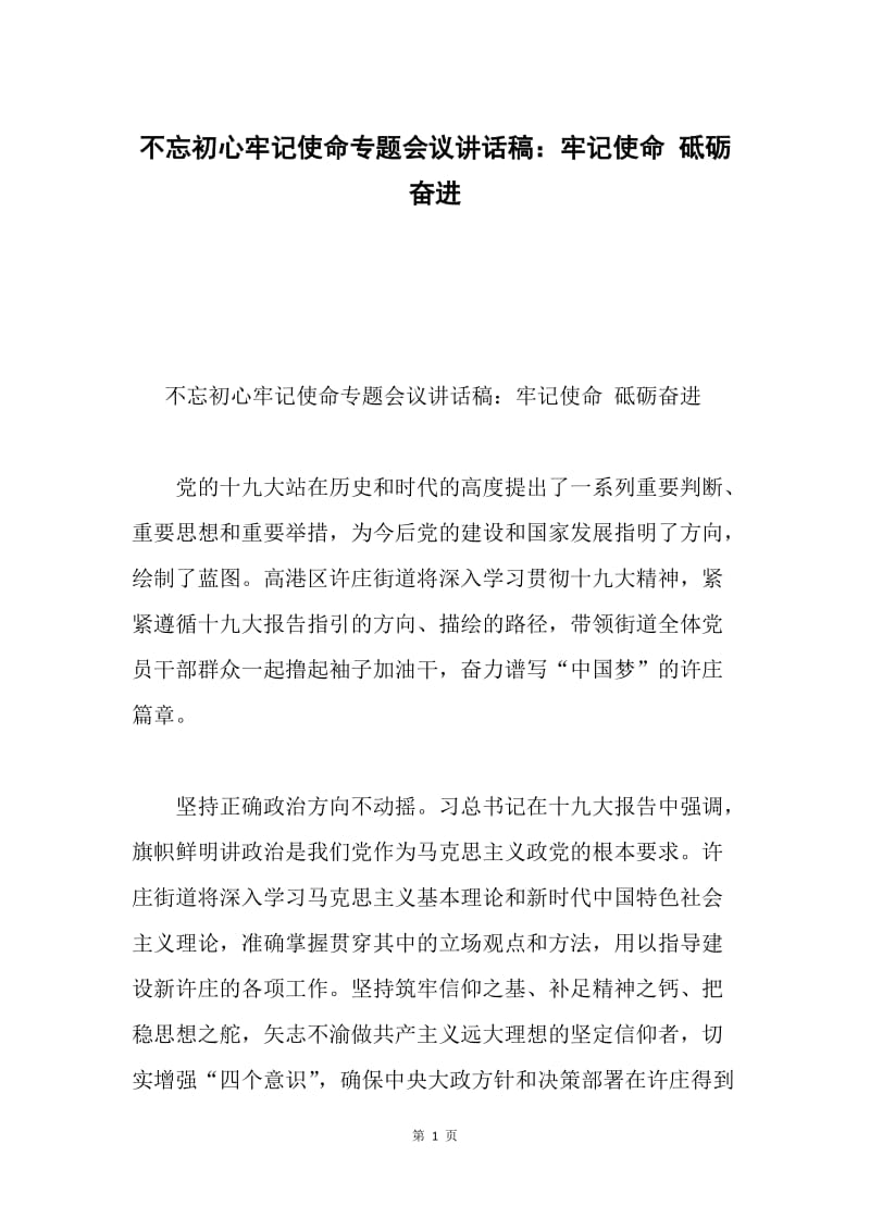 不忘初心牢记使命专题会议讲话稿：牢记使命 砥砺奋进.docx_第1页