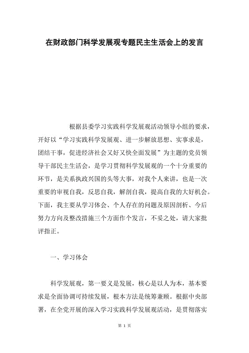 在财政部门科学发展观专题民主生活会上的发言.docx