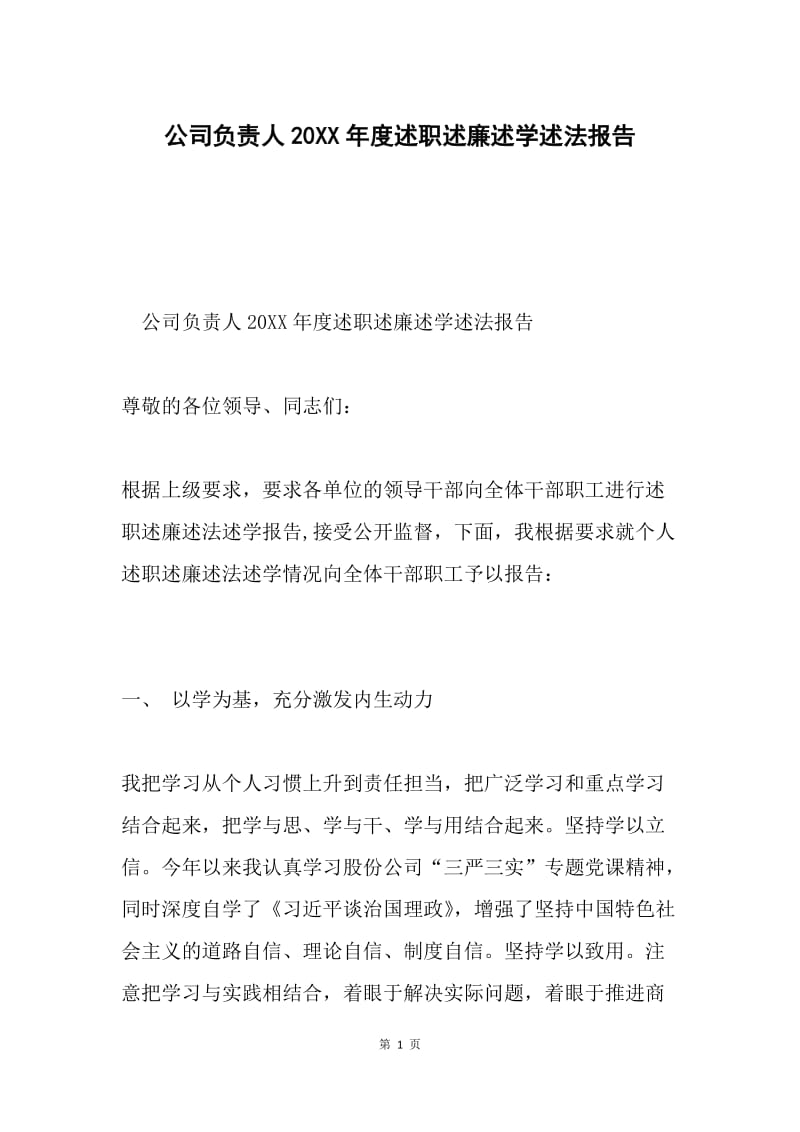 公司负责人20XX年度述职述廉述学述法报告.docx_第1页