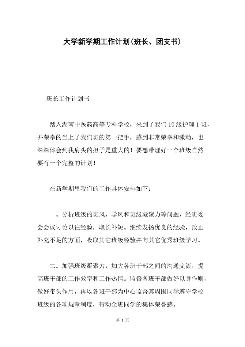 大学新学期工作计划(班长、团支书).docx_第1页