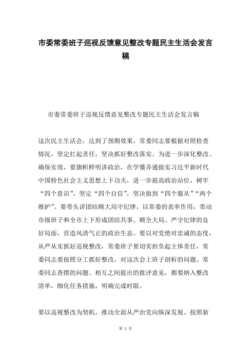 市委常委班子巡视反馈意见整改专题民主生活会发言稿.docx_第1页