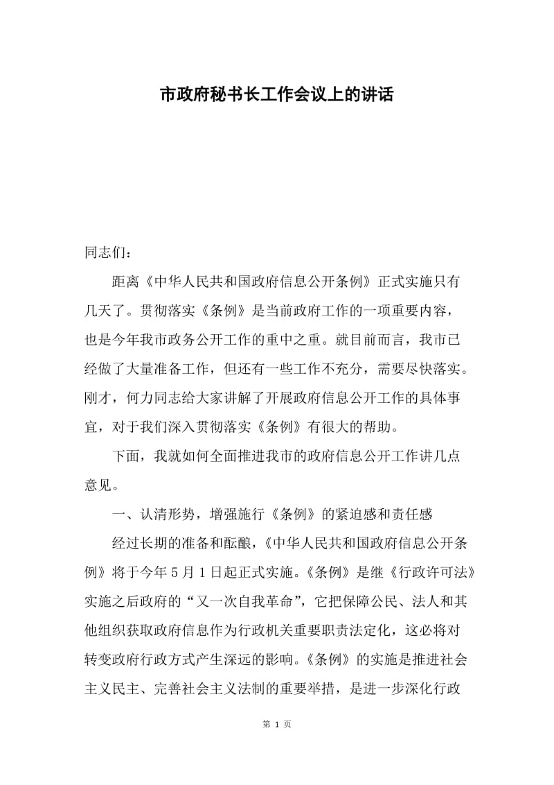 市政府秘书长工作会议上的讲话.docx_第1页