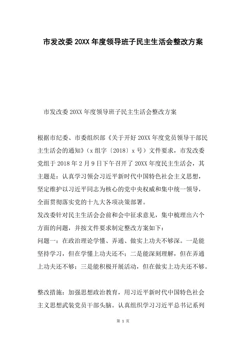 市发改委20XX年度领导班子民主生活会整改方案.docx