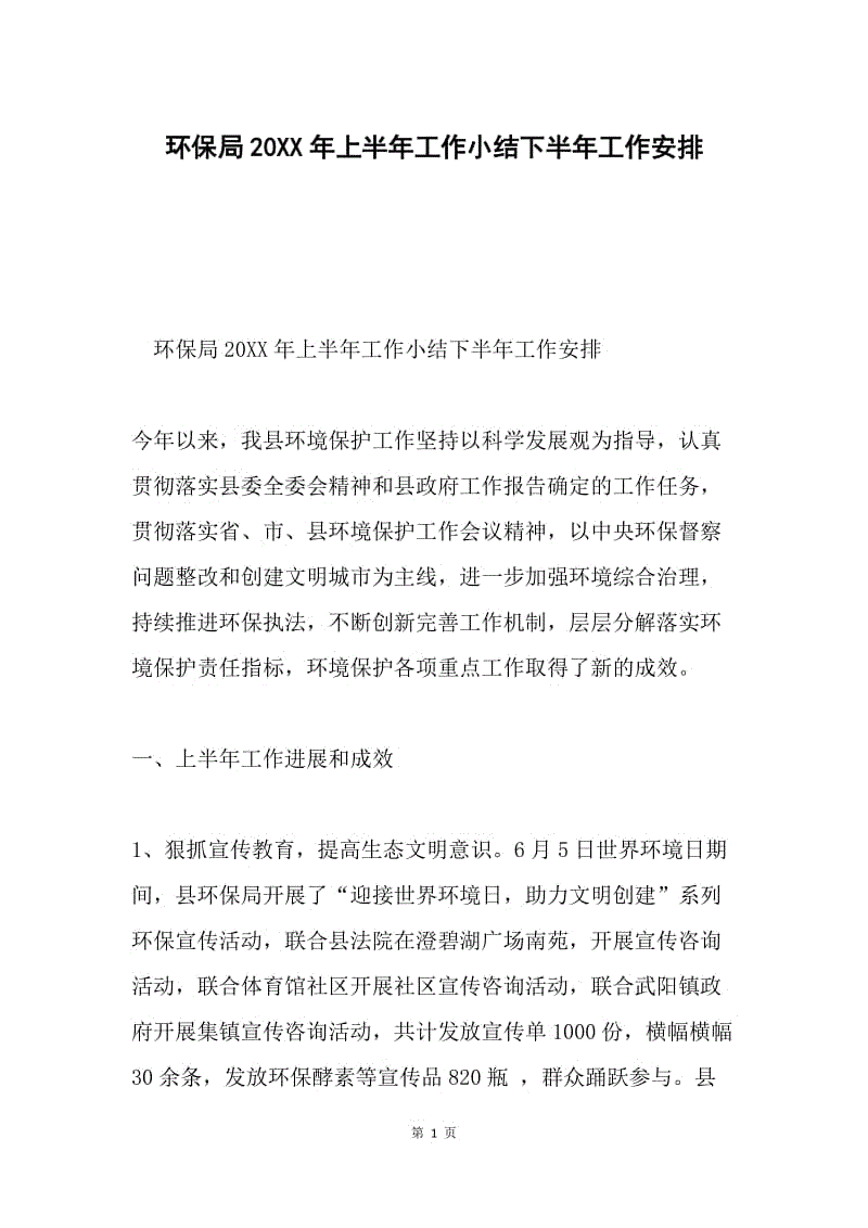 环保局20XX年上半年工作小结下半年工作安排.docx