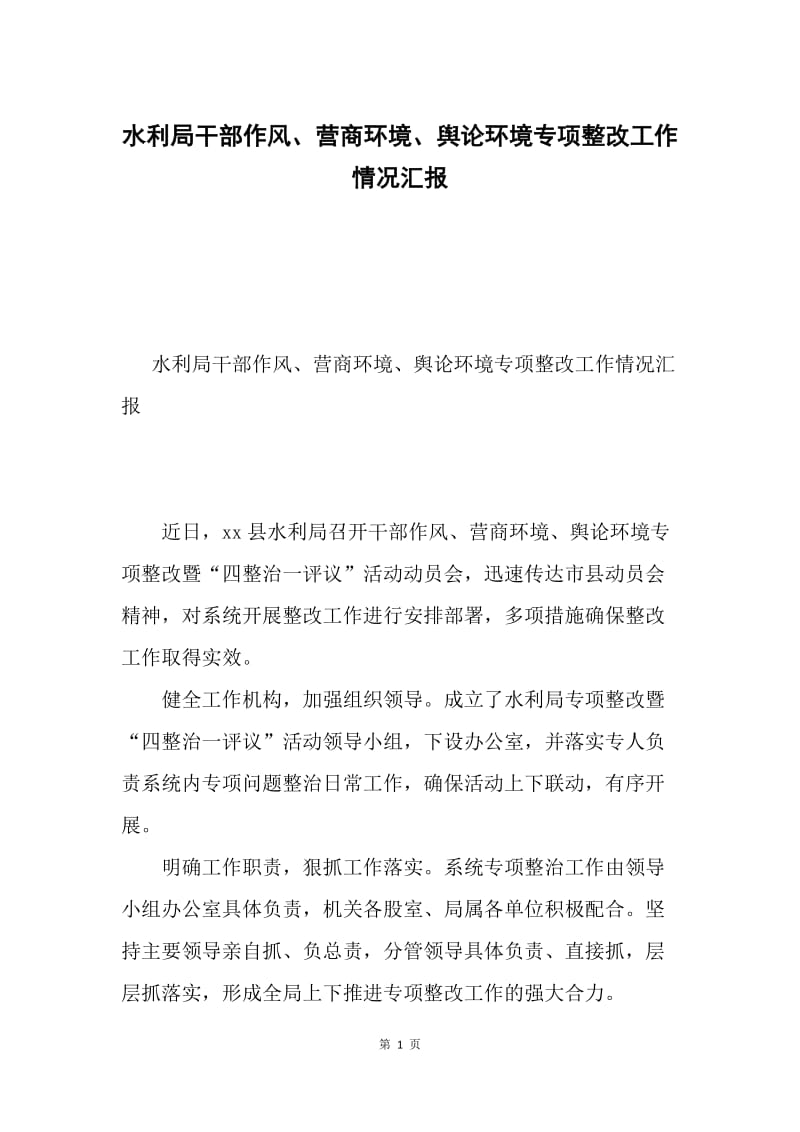 水利局干部作风、营商环境、舆论环境专项整改工作情况汇报.docx_第1页