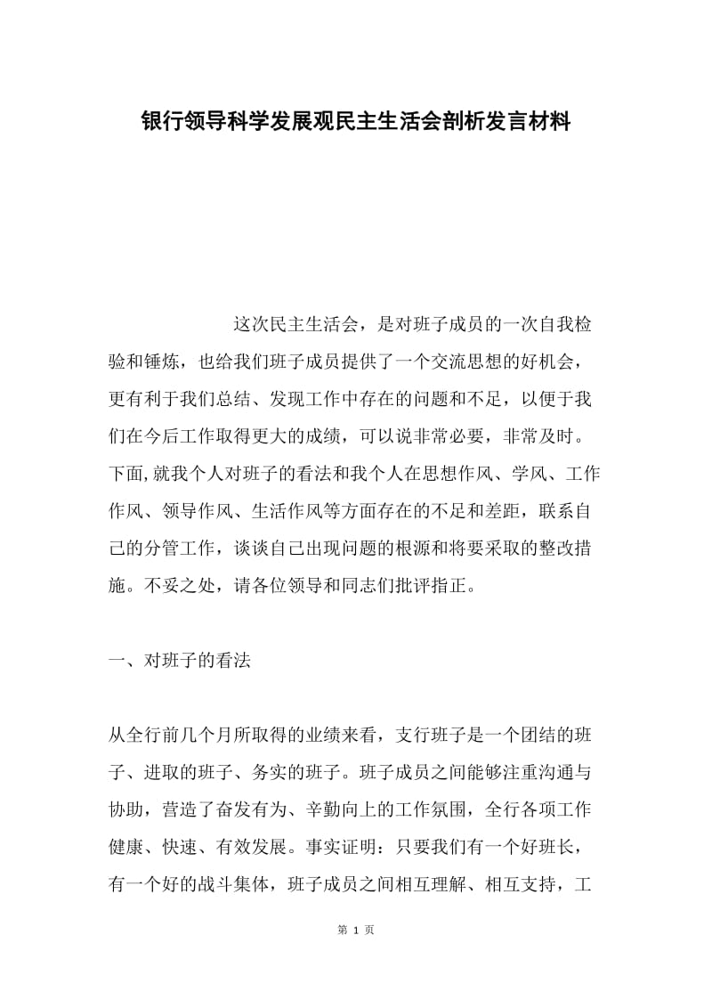 银行领导科学发展观民主生活会剖析发言材料.docx_第1页