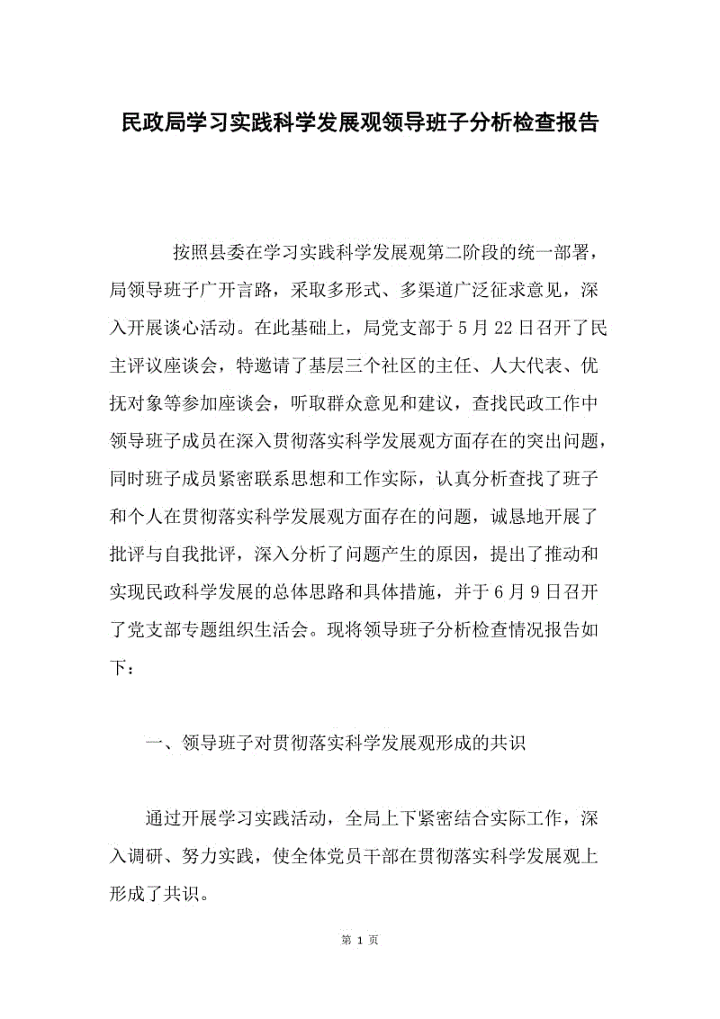 民政局学习实践科学发展观领导班子分析检查报告.docx