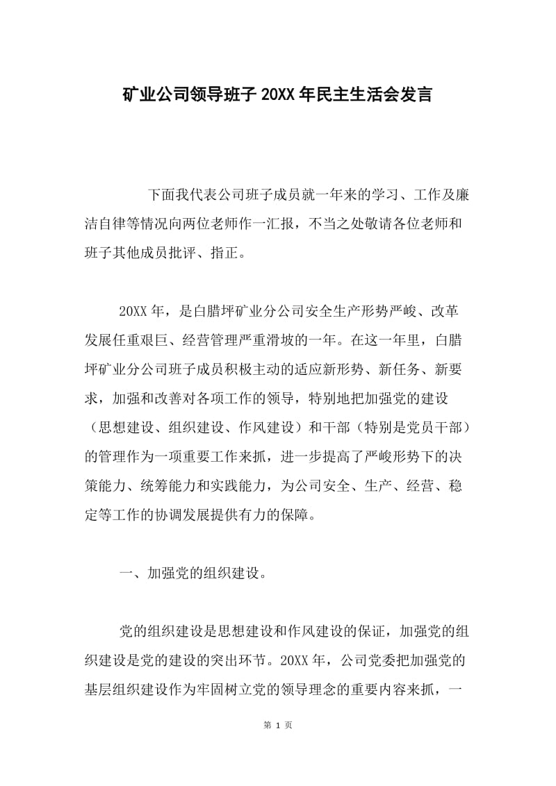 矿业公司领导班子20XX年民主生活会发言.docx_第1页