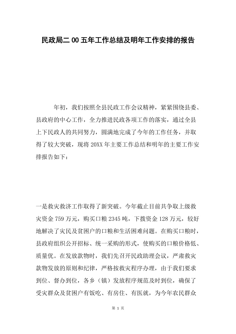 民政局二OO五年工作总结及明年工作安排的报告 .docx_第1页