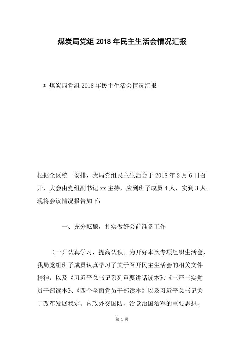 煤炭局党组2018年民主生活会情况汇报.docx