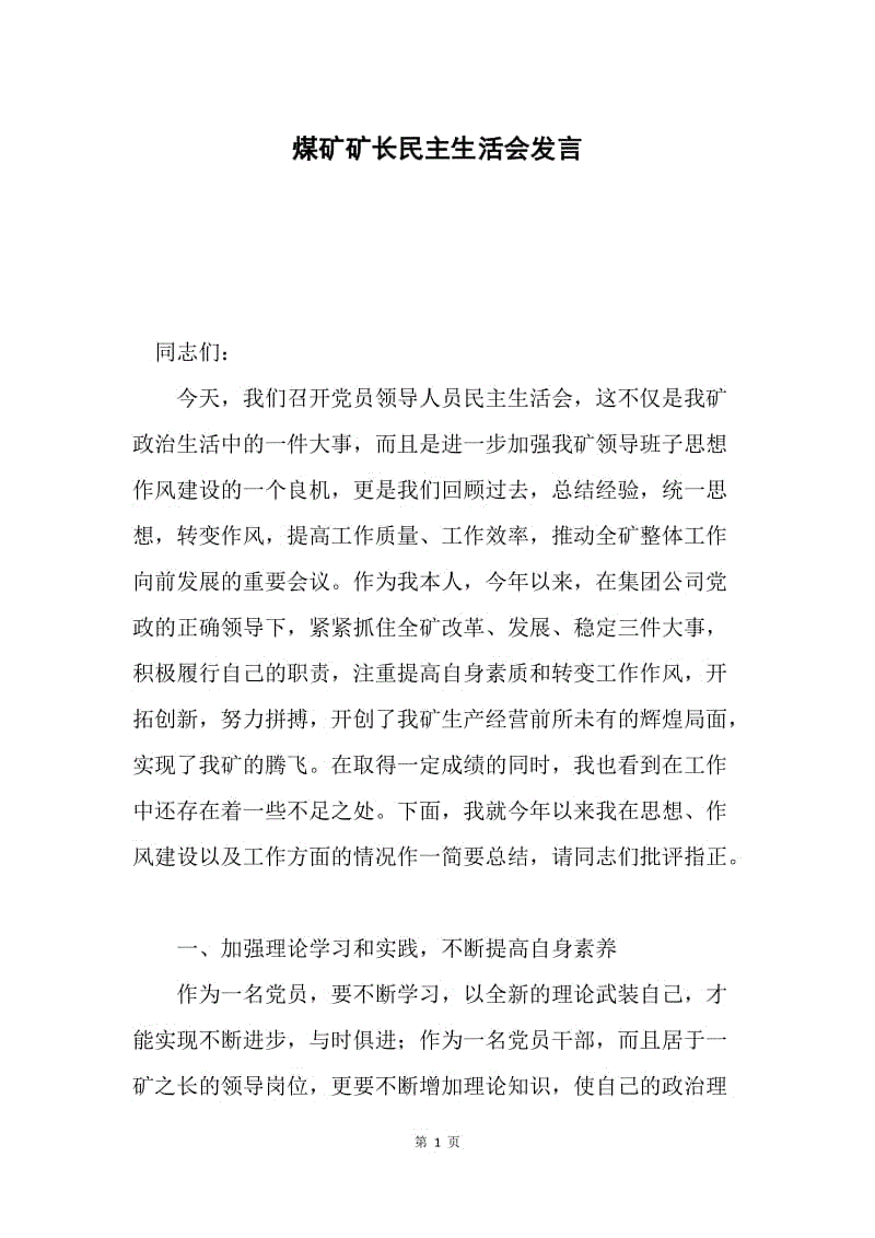 煤矿矿长民主生活会发言.docx