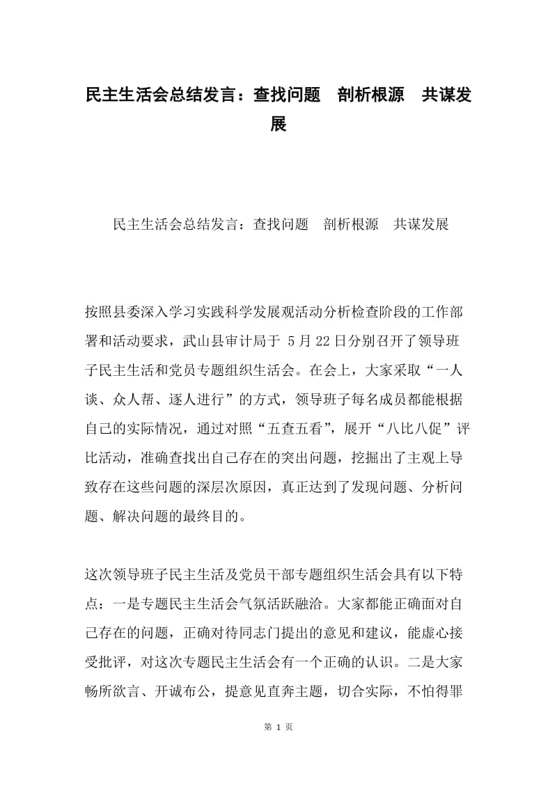 民主生活会总结发言：查找问题 剖析根源 共谋发展.docx_第1页