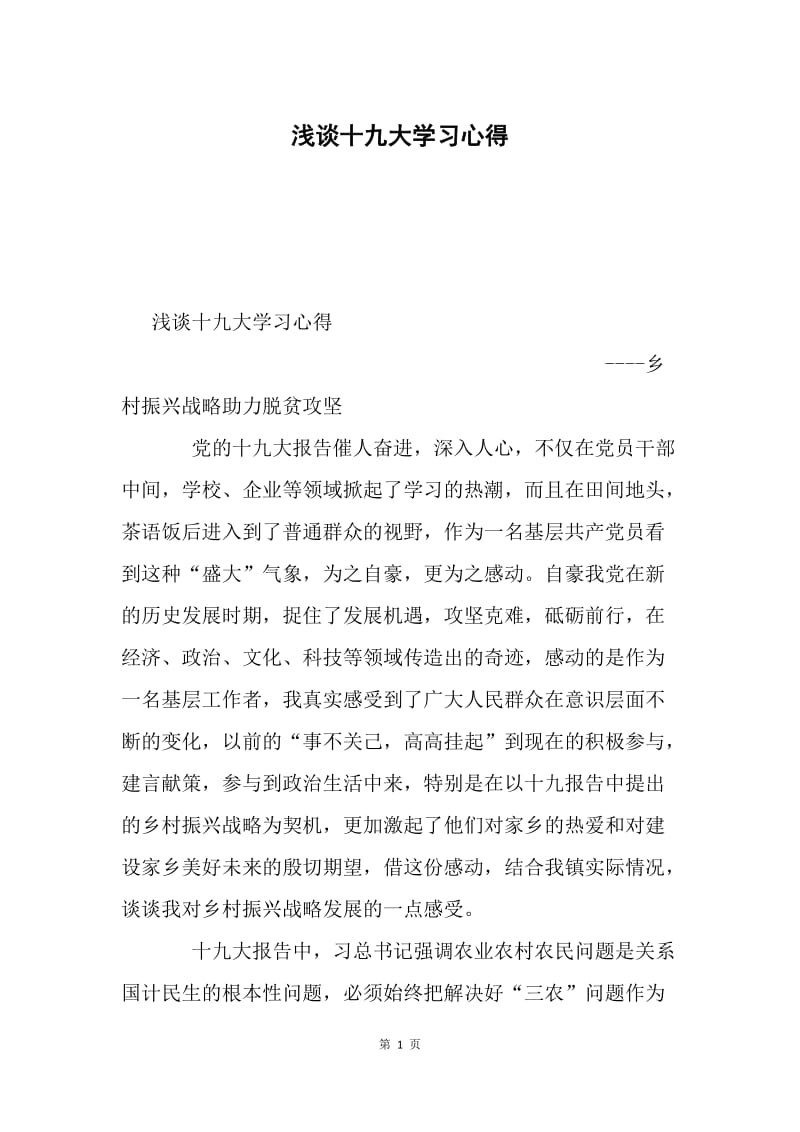 浅谈十九大学习心得.docx_第1页