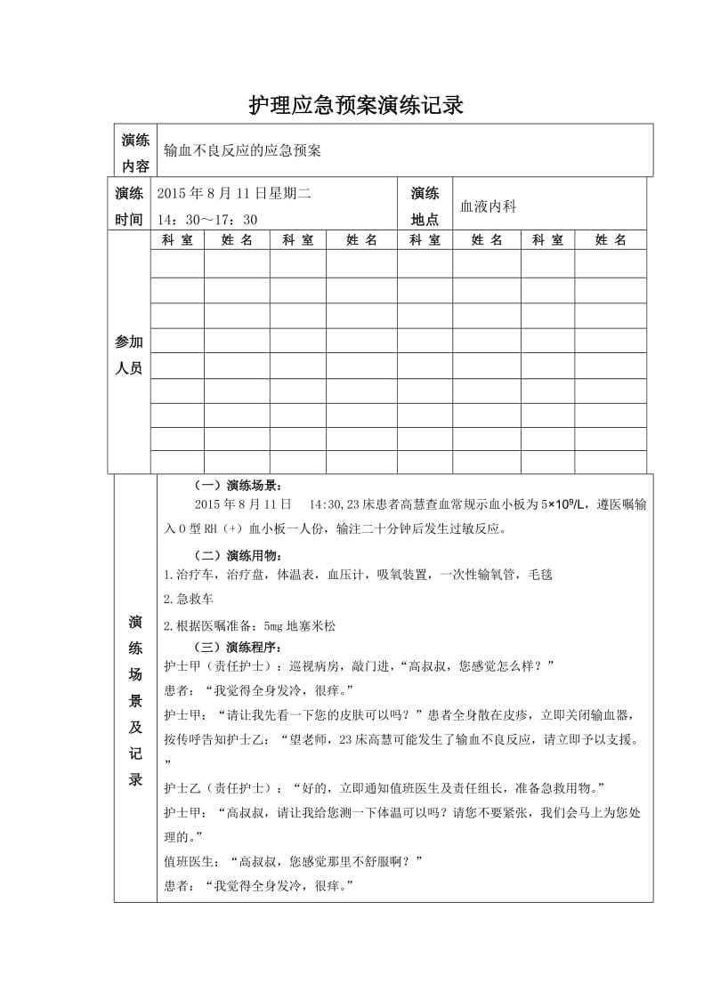 输血不良反应应急预案演练记录名师制作优质教学资料.doc_第2页