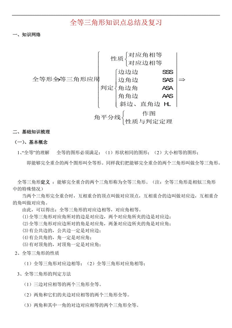 初中数学全等三角形知识点总结及复习.doc