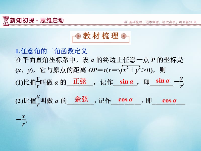 2016_高中数学第一章三角函数1.2任意角的三角函数1.2.1任意角的三角函数课件苏教版必修名师制作优质学案.ppt_第3页