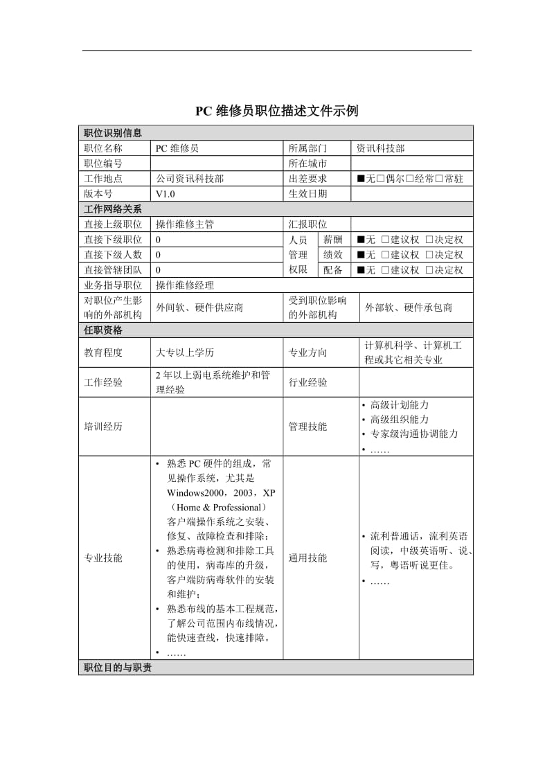 PC维修员岗位说明书.doc_第1页