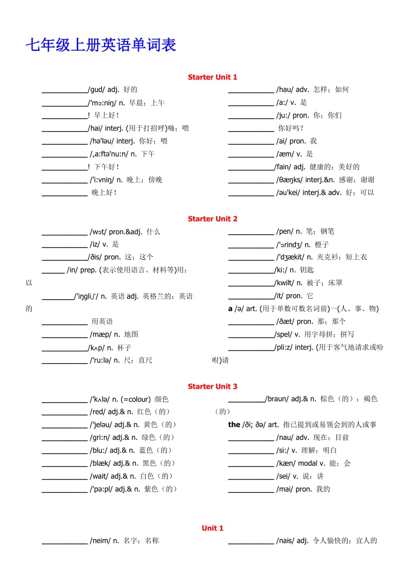 2012版人教版七年级上册英语单词表(默写)名师制作优质教学资料.doc_第1页