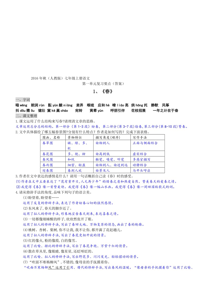 年秋人教版七上语文第一单元复习要点(答案)名师制作优质教学资料.doc_第1页