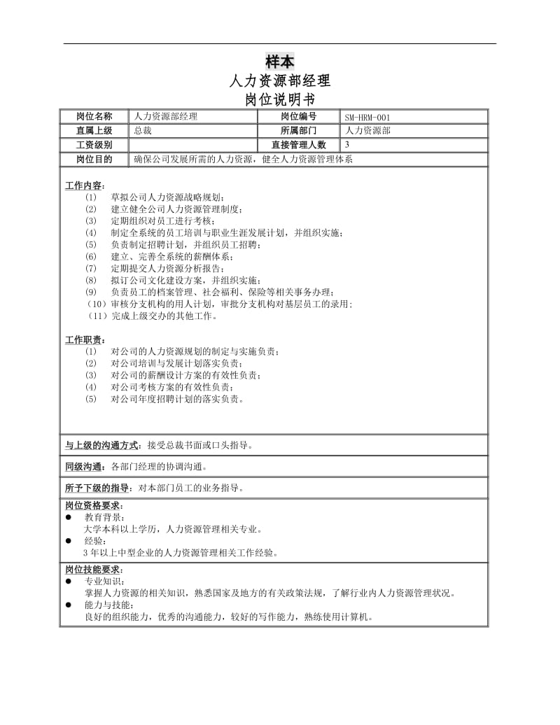 三木集团股份有限公司咨询项目--岗位说明书样本（DOC 1页）.doc_第1页