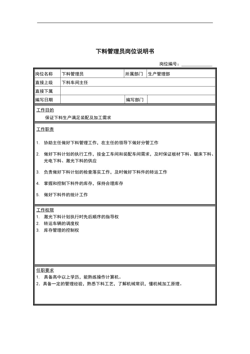 下料管理员岗位说明书.doc_第1页