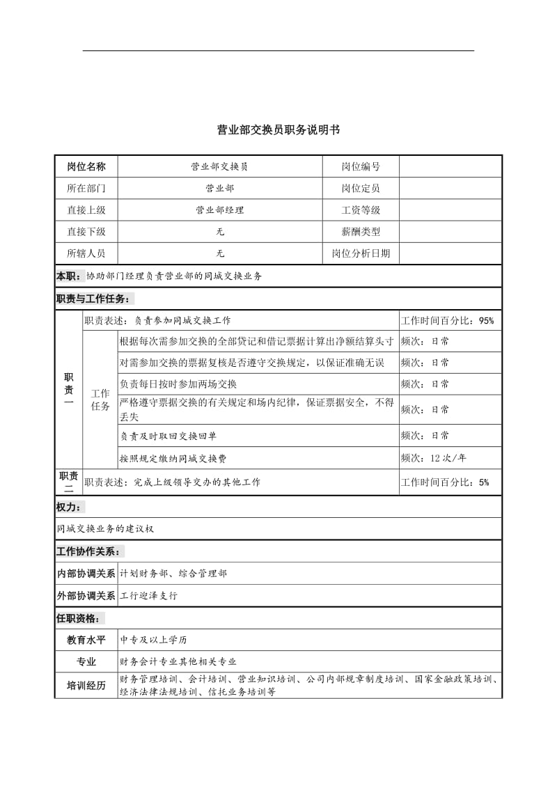 信托投资公司营业部交换员职务职责.doc_第1页