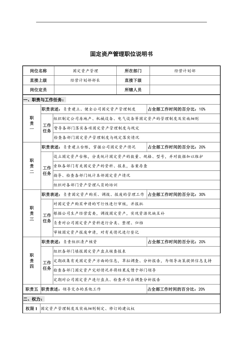 xx仪器公司经营计划部固定资产管理职位说明书.doc_第1页