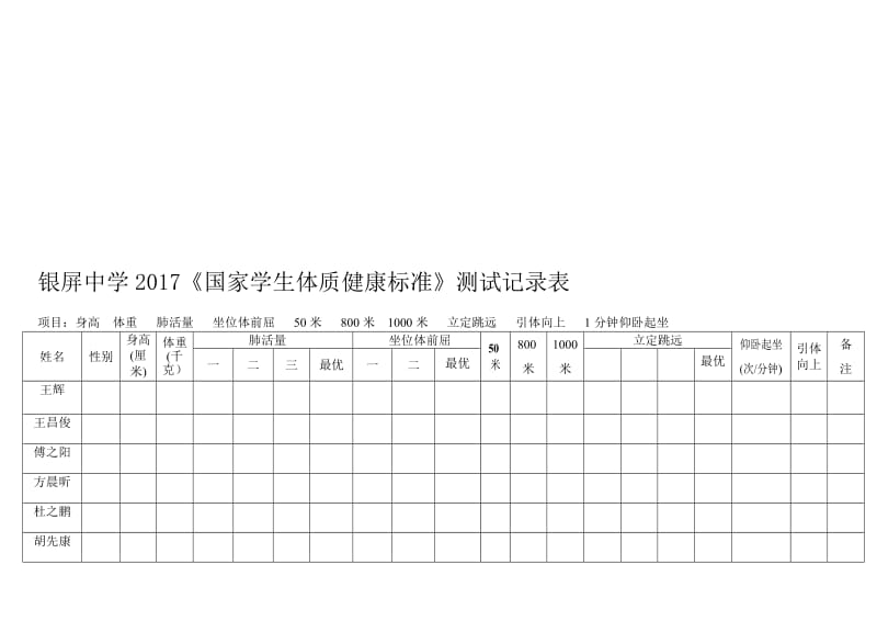 2017《国家学生体质健康标准》测试记录表名师制作优质教学资料.doc_第1页