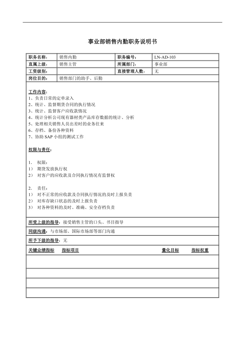 体育用品行业-事业部-销售内勤岗位说明书.doc.doc_第1页