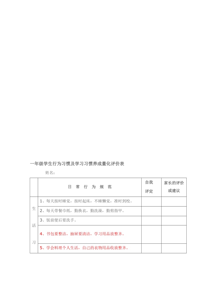 (打印)一年级学生行为习惯及学习习惯养成量化评价表(1)名师制作优质教学资料.doc_第1页