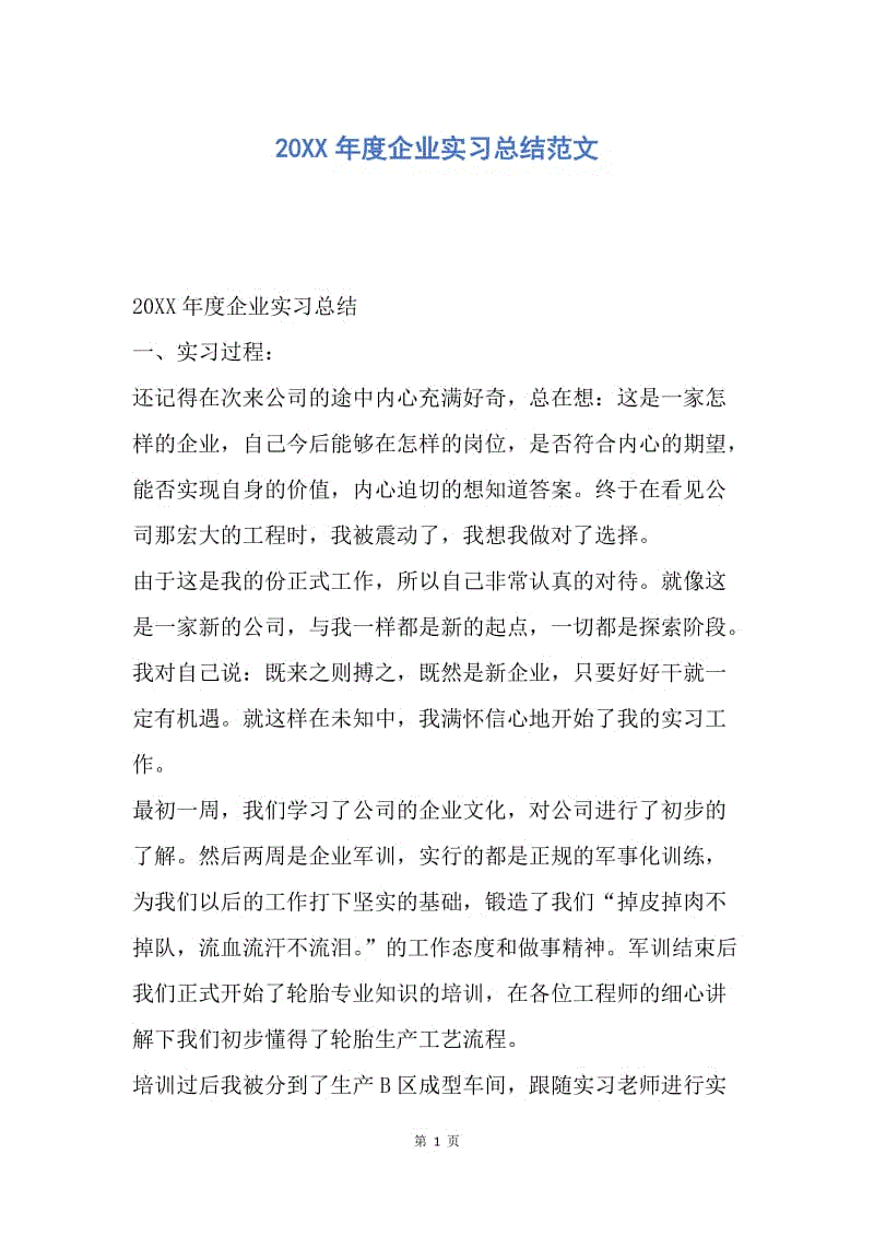 【工作总结】20XX年度企业实习总结范文.docx