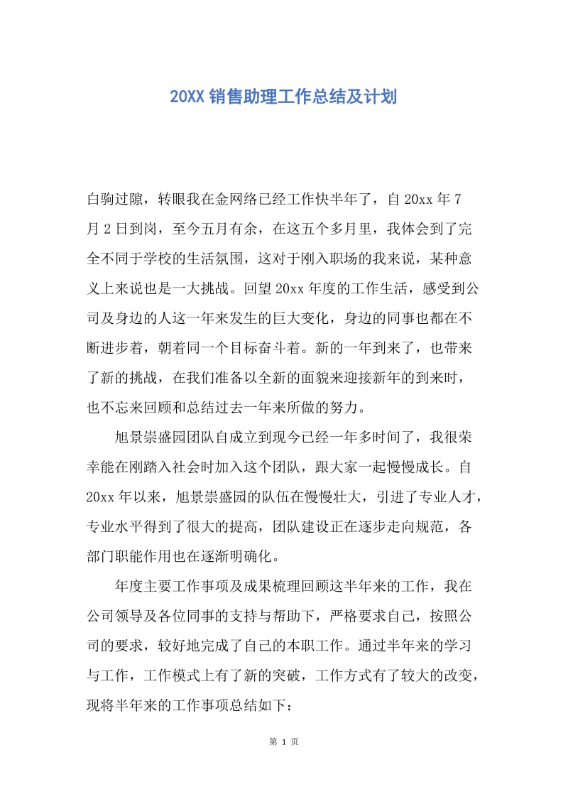 【工作总结】20XX销售助理工作总结及计划.docx_第1页