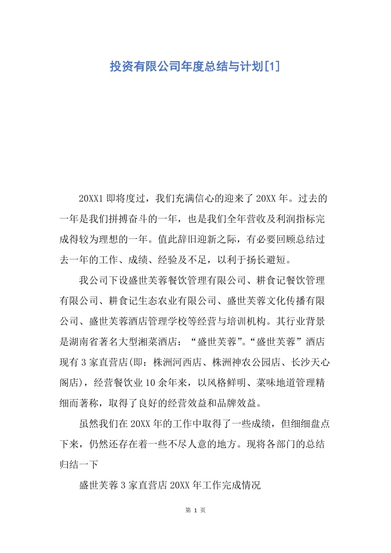 【工作总结】投资有限公司年度总结与计划[1].docx_第1页