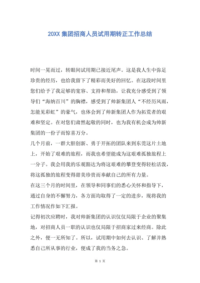 【工作总结】20XX集团招商人员试用期转正工作总结.docx