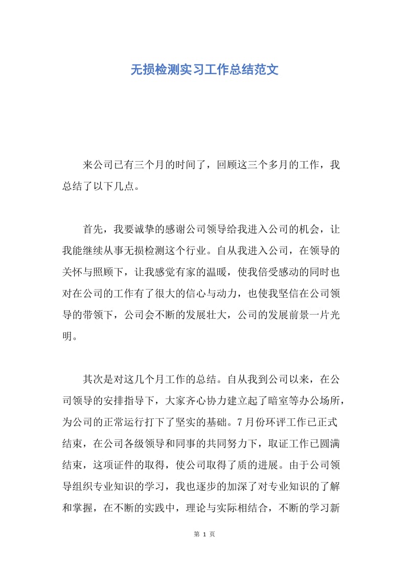 【工作总结】无损检测实习工作总结范文.docx_第1页