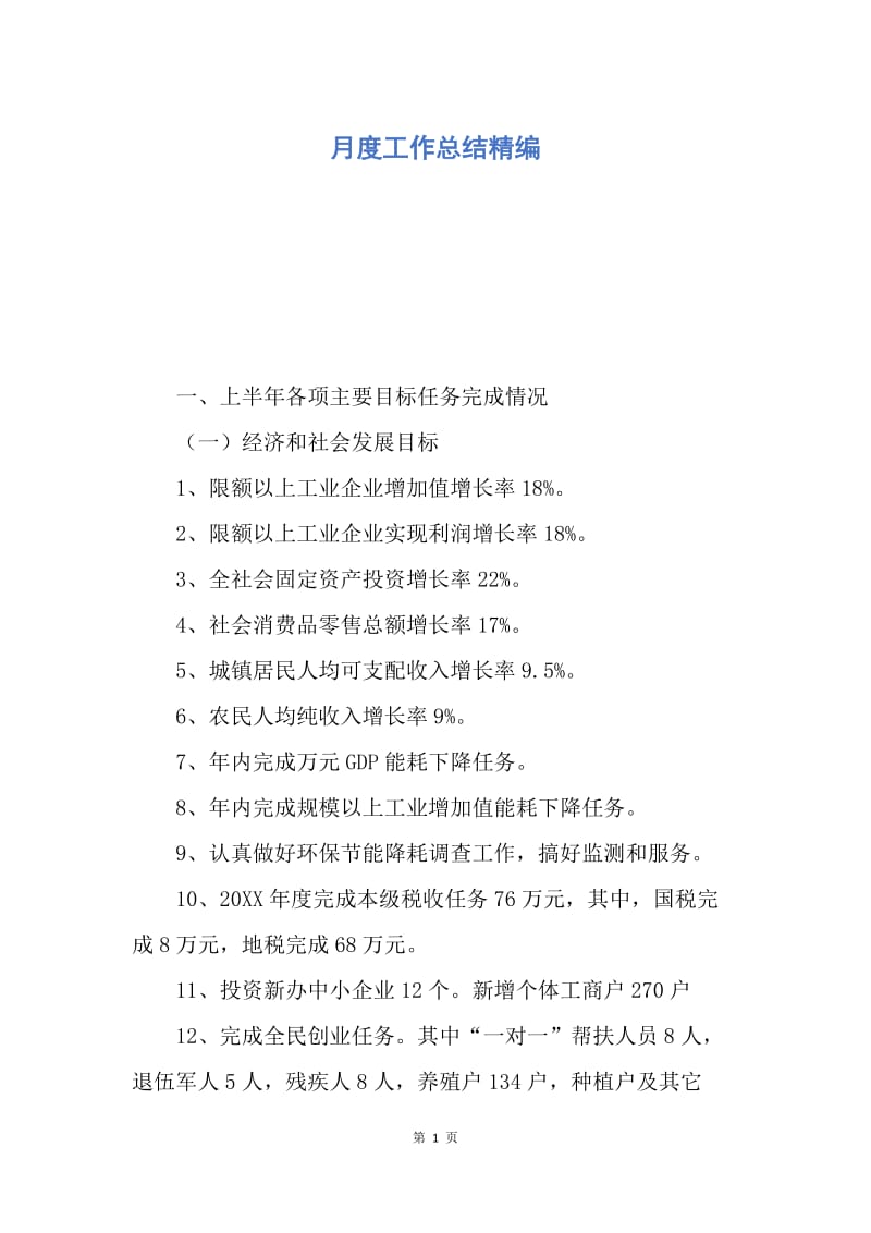 【工作总结】月度工作总结精编.docx_第1页