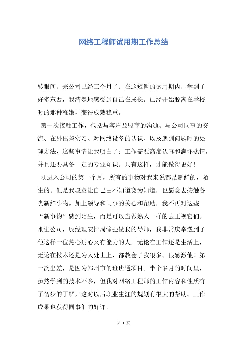 【工作总结】网络工程师试用期工作总结.docx_第1页