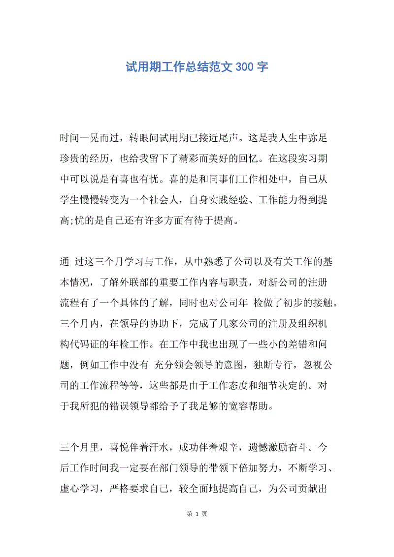 【工作总结】试用期工作总结范文300字.docx