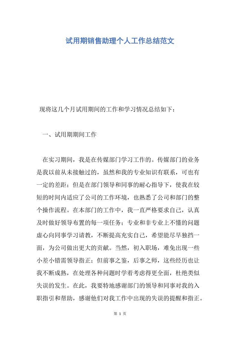 【工作总结】试用期销售助理个人工作总结范文.docx