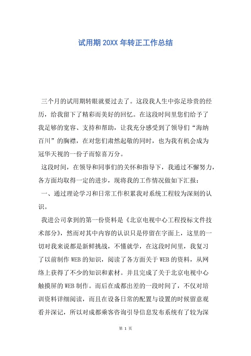 【工作总结】试用期20XX年转正工作总结.docx