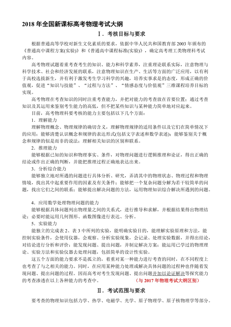 2018年全国新课标高考物理考试大纲名师制作优质教学资料.doc_第1页