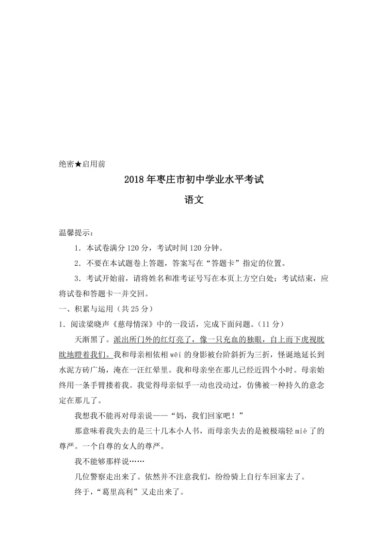 2018年山东省枣庄市中考语文试题及答案名师制作优质教学资料.doc_第1页